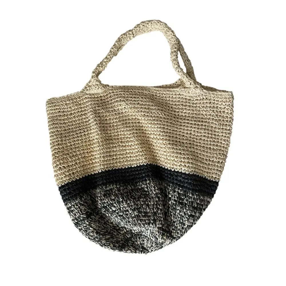 Sonoma Women’s Straw Tote Bag Woven Two-Tone Black Beige Purse Interior Pockets
